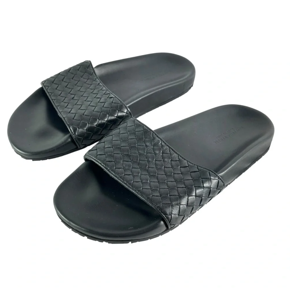 BOTTEGA VENETA Black Intrecciato Woven Leather Men Slide Sandals 40-7US - Picture 3 of 11
